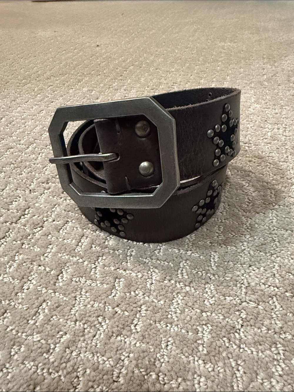 Free People Dark Brown Leather Studded Belt with Geometric Buckle